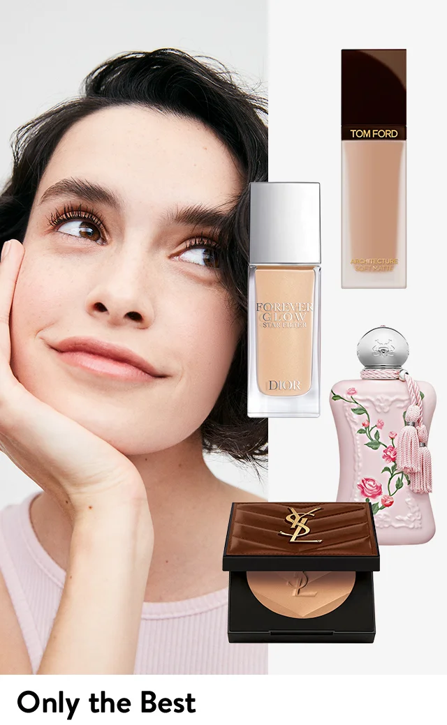 A smiling woman with natural-looking makeup. New beauty products from Yves Saint Laurent, DIOR, TOM FORD and Parfums de Marly.