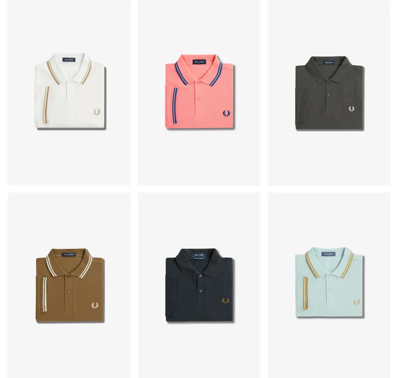 A picture collage of varied fred perry polo shirts
