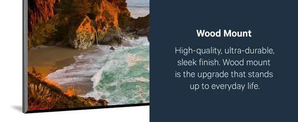 Wood Mount: High-quality, ultra-durable, sleek finish. Wood mount is the upgrade that stands up to everyday life.