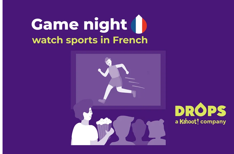 An illustration of people watch the summer games on TV with the text ''Game night. Watch sports in French''