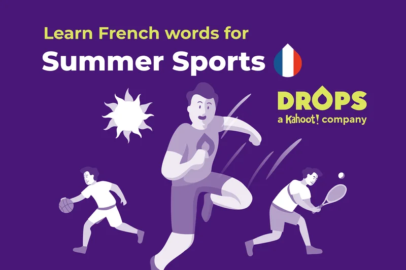An illustration of people playing sports with the text ''Learn French words for Summer Sports''