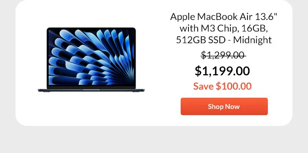 Apple MacBook Air 13.6inches with M3 Chip, 16GB, 512GB SSD - Midnight