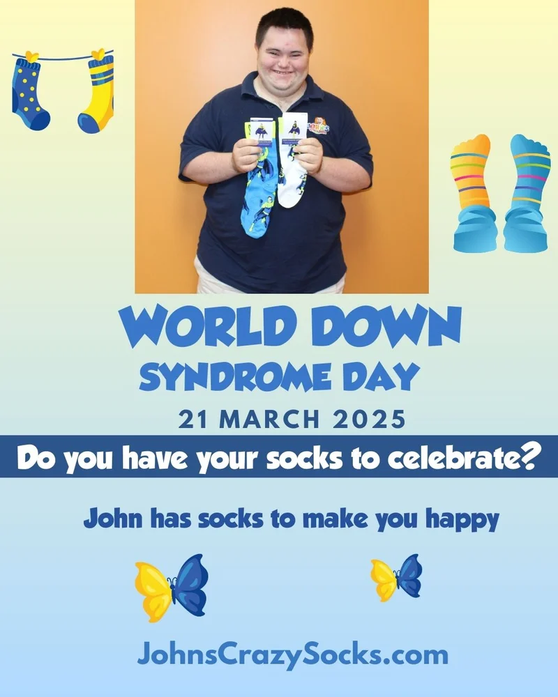 John and Andrew with Down syndrome themed socks reminding people that world down syndrome day is coming