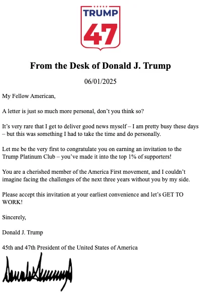 Trump Platinum Club Membership Memo