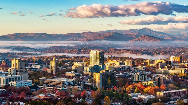 Aerial view of Asheville, in the fall