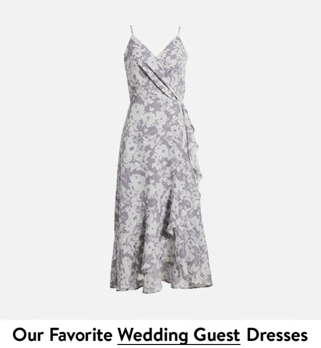 A floral midi dress, a white lace dress, a pleated hot-pink dress, a floral sundress.