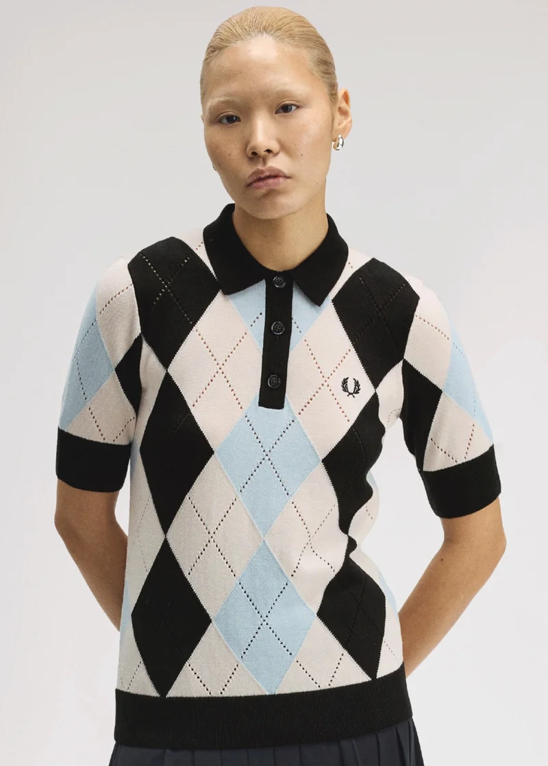 Female model wearing a Argyle Pointelle Knitted Shirt in Silky Peach