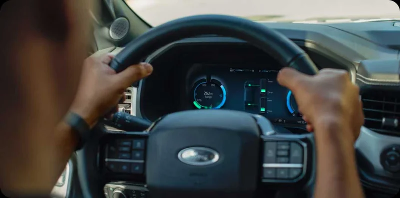 A person gripping the wheel of a Ford.