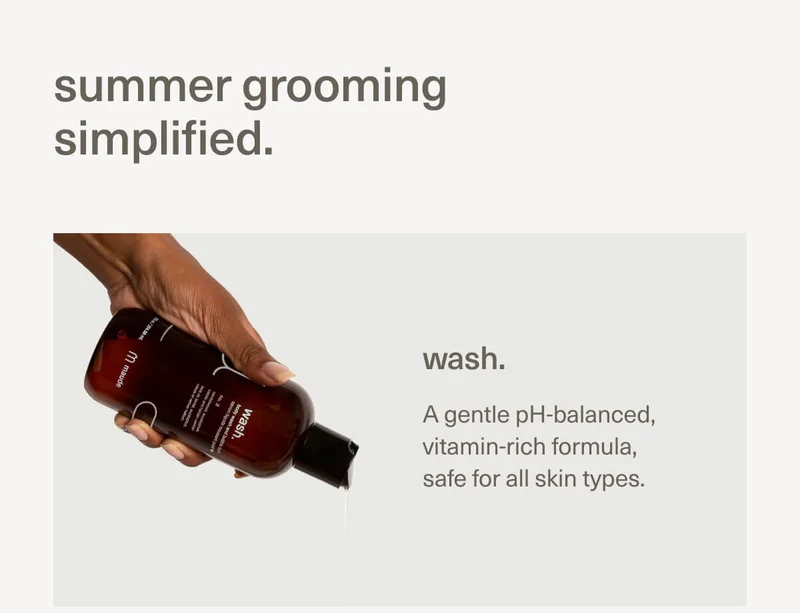 summer grooming simplified. | wash. | A gentle pH-balanced, vitamin-rich formula, safe for all skin types.