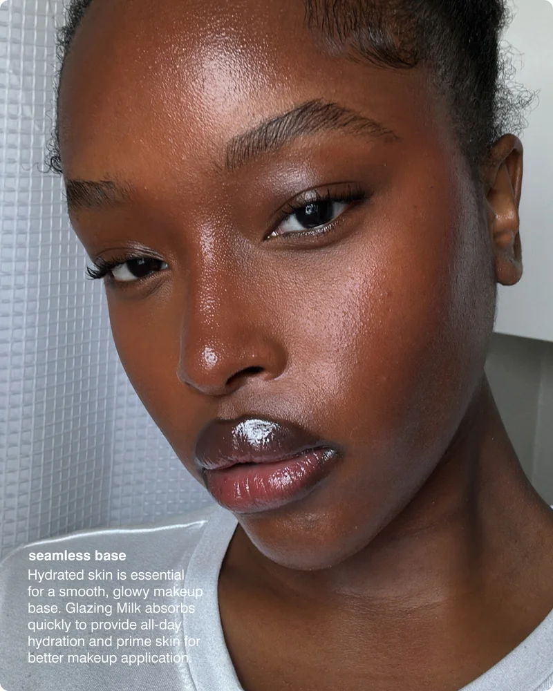 seamless base: Hydrated skin is essential for a smooth, glowy makeup base. Glazing Milk absorbs quickly to provide all-day hydration and prime skin for better makeup application.