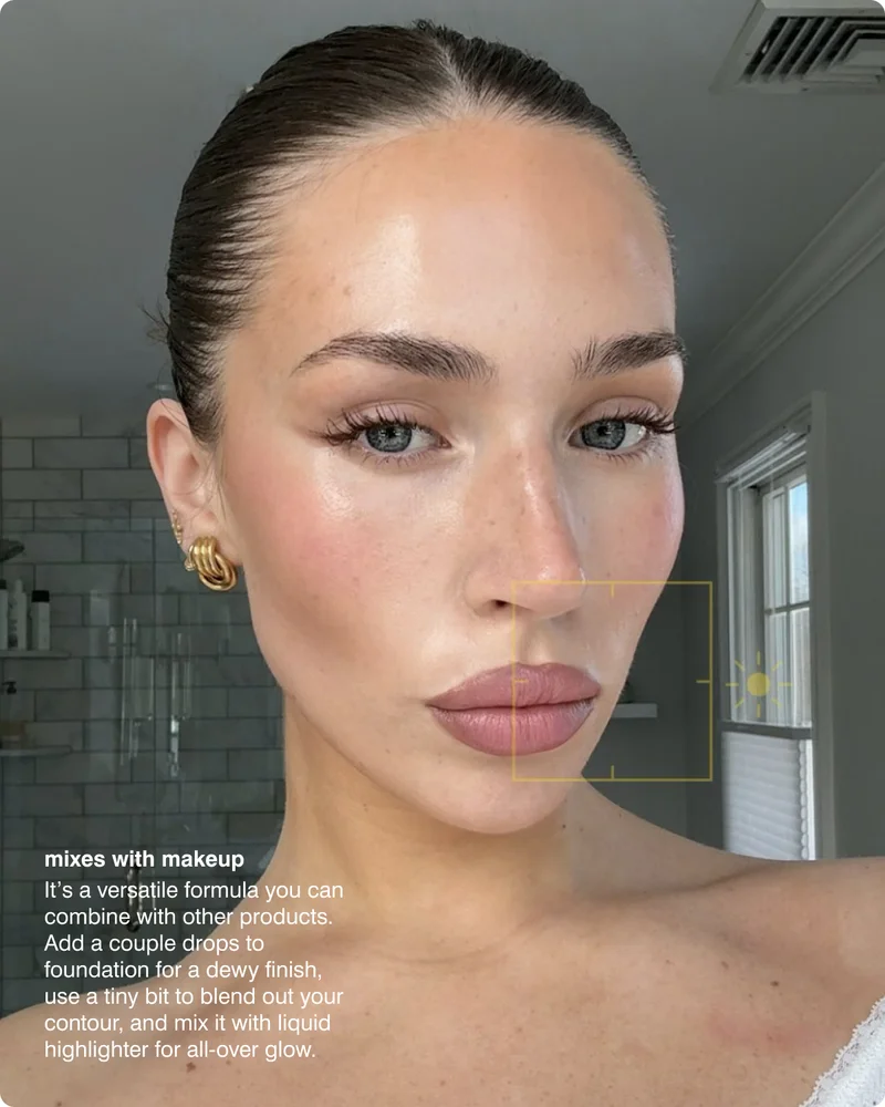 mixes with makeup: It’s a versatile formula you can combine with other products. Add a couple drops to foundation for a dewy finish, use a tiny bit to blend out your contour, and mix it with liquid highlighter for all-over glow.