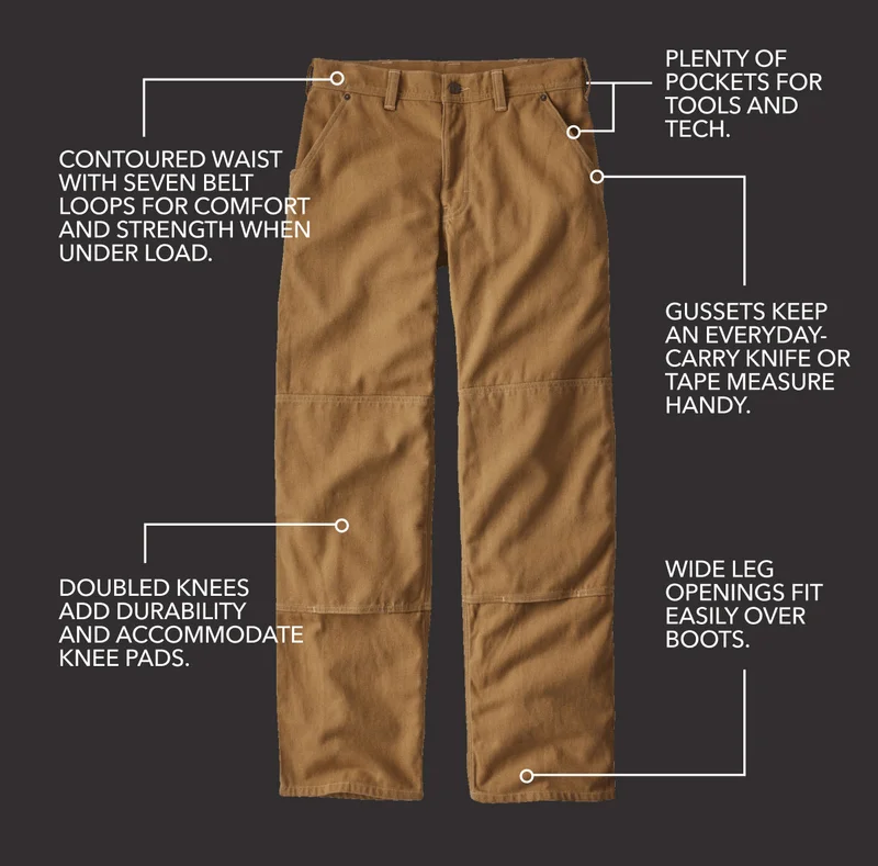 A pair of brown pants with detail callouts: Contoured waist with seven belt loops for comfort and strength under load. Plenty of pockets for tools and tech. Gussets keep an everyday-carry knife or tape measure handy. Doubled knees add durability and accommodate knee pads. Wide cuffs pull easily over boots.