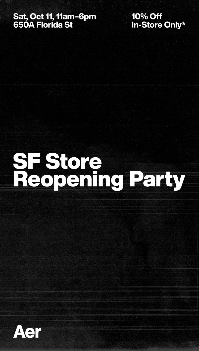 Graphic invitation for Aer's SF Store Reopening Party