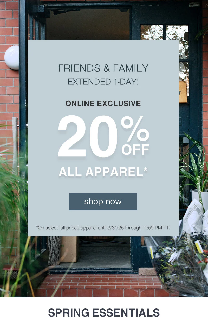 Shop 20% Off Apparel Online Only Ending Tonight!