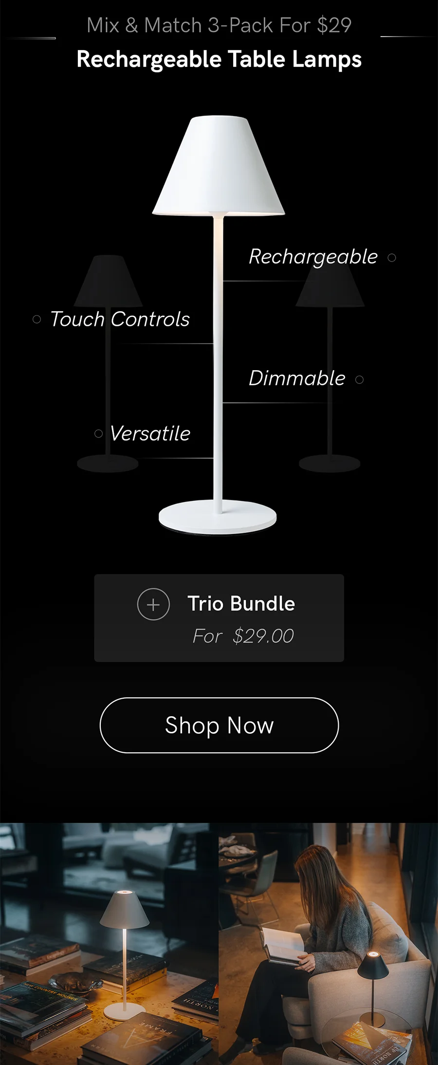 Rechargeable Table Lamp has features like touch controls and dimming.