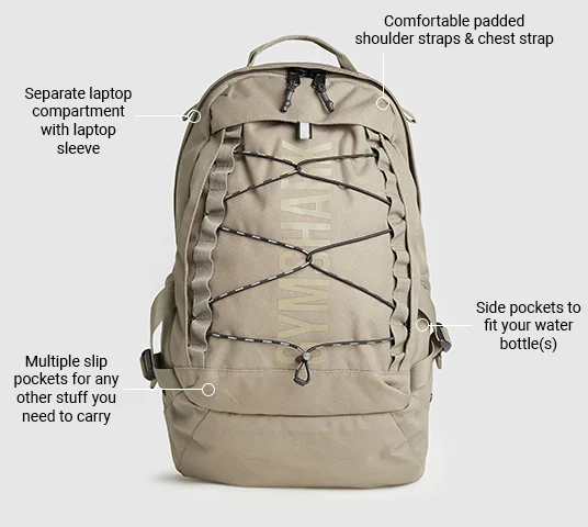 PURSUIT BACKPACK. Linen Brown. Separate laptop compartment with laptop sleeve.Side pockets to fit your water bottle(s).Comfortable padded shoulder straps & chest strap.Multiple slip pockets for any other stuff you need to carry.