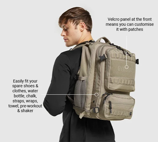 TACTICAL BACKPACK Linen Brown. Velcro panel at the front means you can customise it with patches. Easily fit your spare shoes & clothes, water bottle, chalk, straps, wraps, towel, pre-workout & shaker.