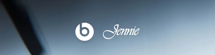 Beats logo and Jennie logo shown above Jennie Kim wearing the special-edition JENNIE Beats Solo 4 headphones in Onyx Black.