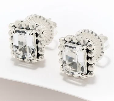 JAI Sterling Silver Emerald Cut Gemstone Stud Earrings