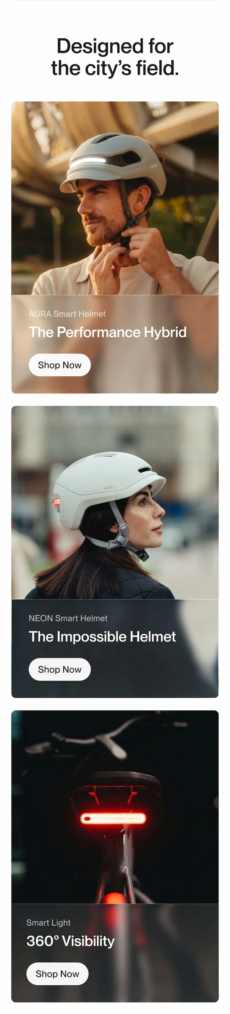 Designed for the city: AURA and NEON smart helmets plus a 360° visibility light.