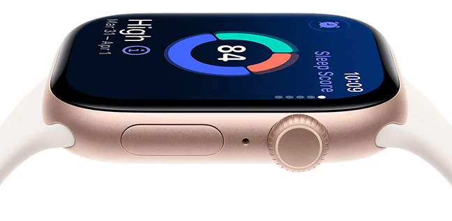 Side view of an Apple Watch Series 11 in Rose Gold Aluminum with sleep score and other dynamic data visible on display.