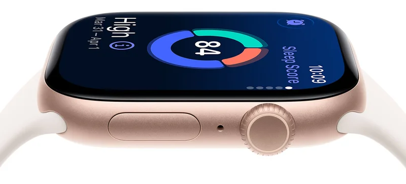 Side view of an Apple Watch Series 11 in Rose Gold Aluminum with sleep score and other dynamic data visible on display.