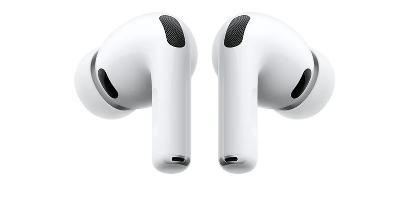 Back view of a pair of White AirPods Pro 3 facing in opposite directions on a white background.