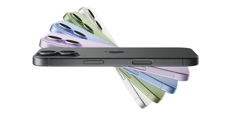 Five overlapping fanned out iPhone 17 devices in Black, Lavender, Mist Blue, Sage, and White respectively. All in sideview, with the top of the first visible one in Black showing the Apple logo on the back of the phone.