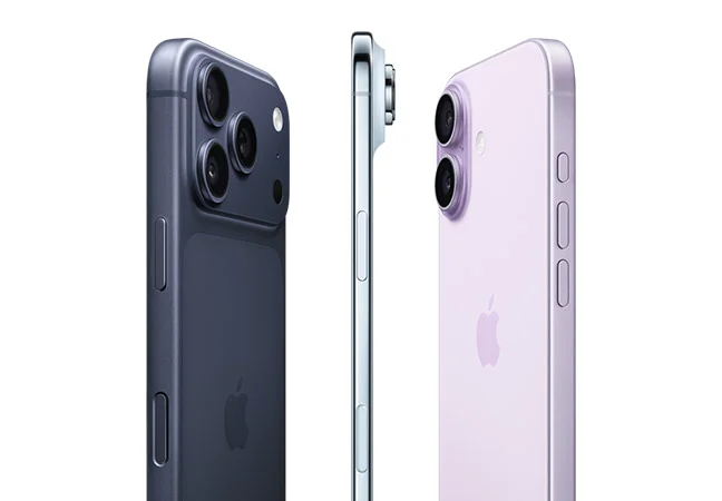 iPhone 17 Pro, back exterior in deep blue color, Pro camera system spanning across the top, iPhone Air, very thin titanium side, iPhone 17, back exterior in lavender color, Advanced dual-camera system in top left corner.