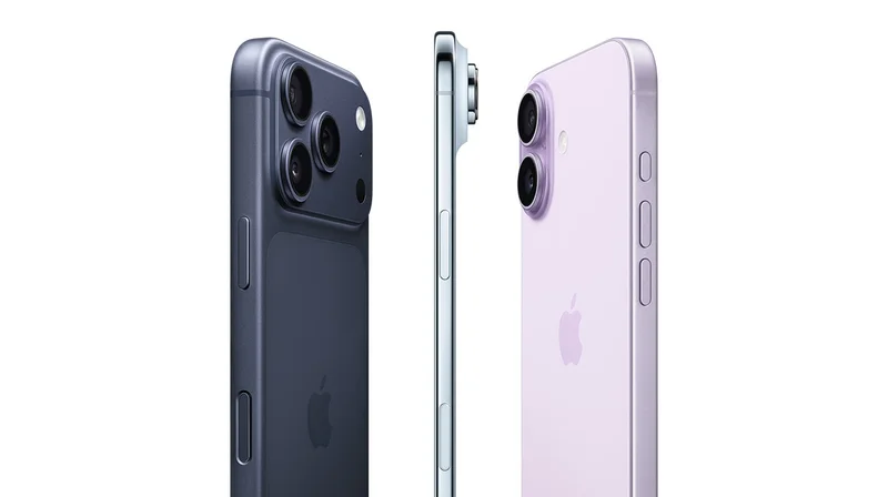 iPhone 17 Pro, back exterior in deep blue color, Pro camera system spanning across the top, iPhone Air, very thin titanium side, iPhone 17, back exterior in lavender color, Advanced dual-camera system in top left corner.