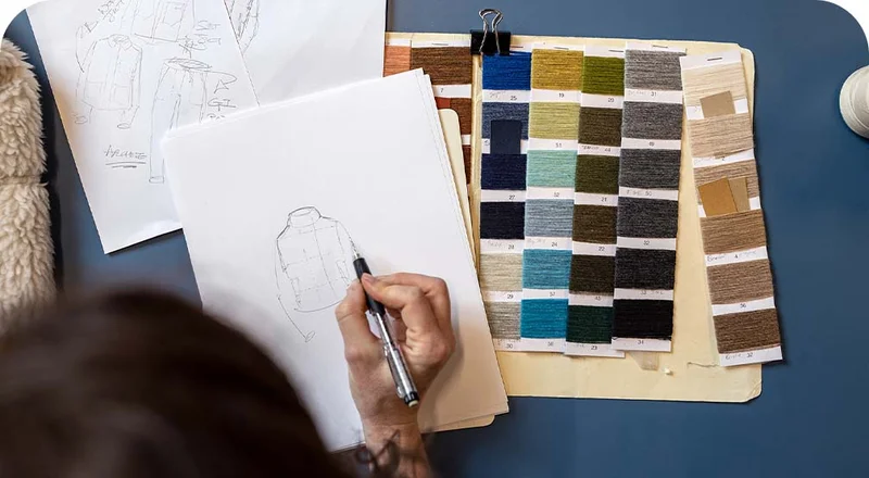 A woman with dark hair sketches a fleece jacket design on a piece of paper.