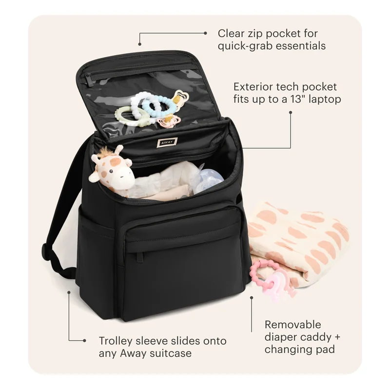 Clear zip pocket for quick-grab essentials, Exterior tech pocket fits up to a 13" laptop, Trolley sleeve slides onto any Away suitcase, Removable diaper caddy and changing pad