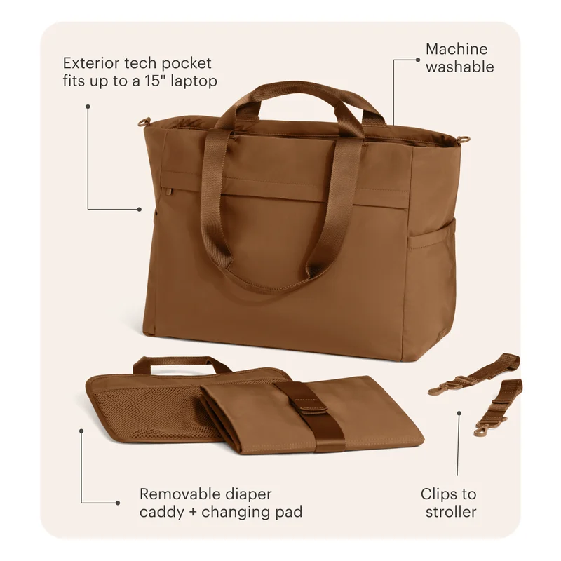 Machine washable, Clips to stroller, Exterior tech pocket fits up to a 15" laptop, Removable diaper caddy and a changing pad