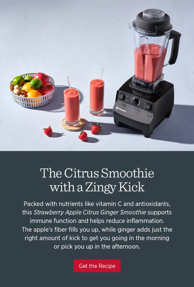Packed with nutrients like vitamin C and antioxidants, this Strawberry Apple Citrus Ginger Smoothie supports immune function and helps reduce inflammation. The apple's fiber fills you up, while ginger adds just the right amount of kick to get you going in the morning or pick you up in the afternoon.