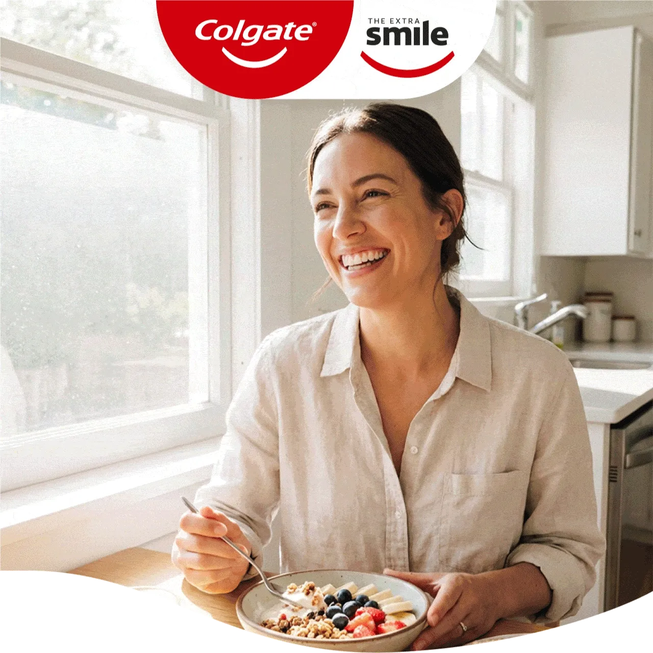 A GIF with four rotating images: A woman eating a healthy breakfast, a woman smiling while brushing her teeth, a woman smiling in a sunlight garden, and a product shot of Optic White toothpaste behind a red background.