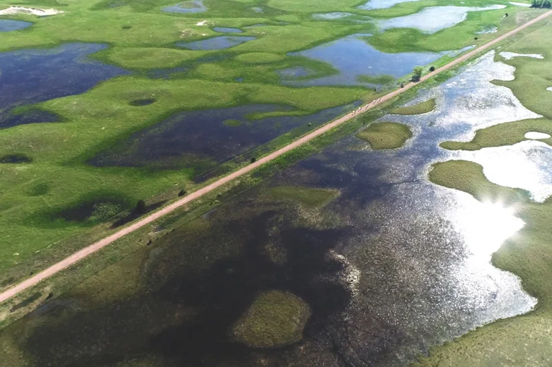 An aerial view of a section of Cowboy Recreation and Nature Trail in Nebraska.