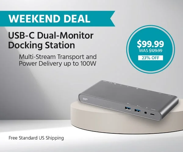 Weekend Deal USB-C Dual-Monitor Docking Station with Multi-Stream Transport and Power Delivery Up to 100W $99.99 (Was $129.99, 23% OFF)