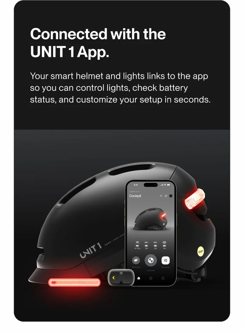 UNIT 1 Smart Helmet with the mobile app interface controlling lights and settings.