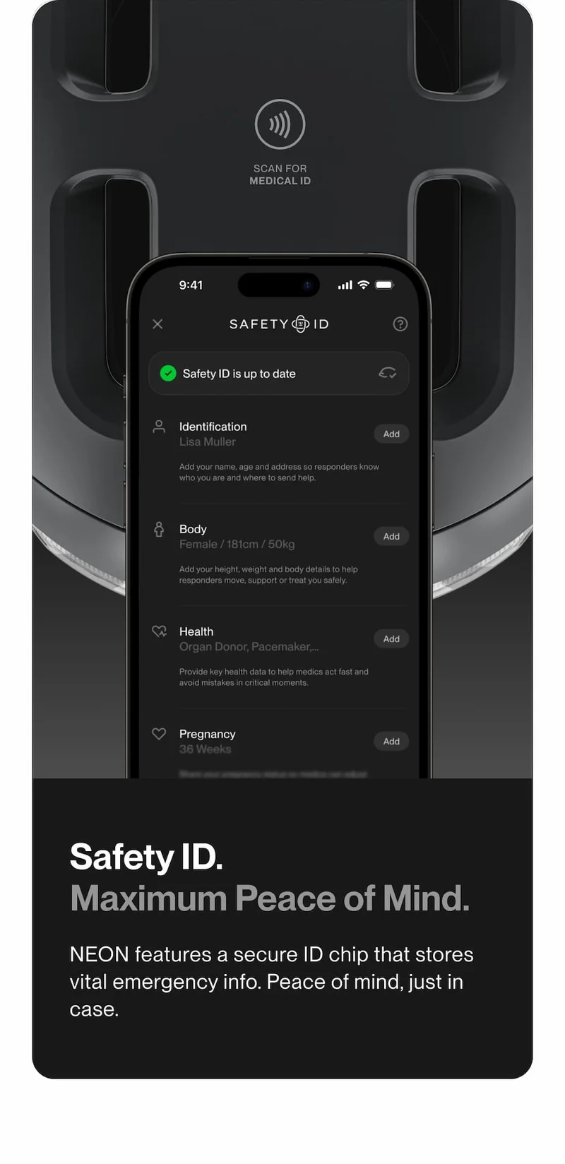 UNIT 1 Safety ID screen showing emergency information stored on the helmet’s NFC chip.