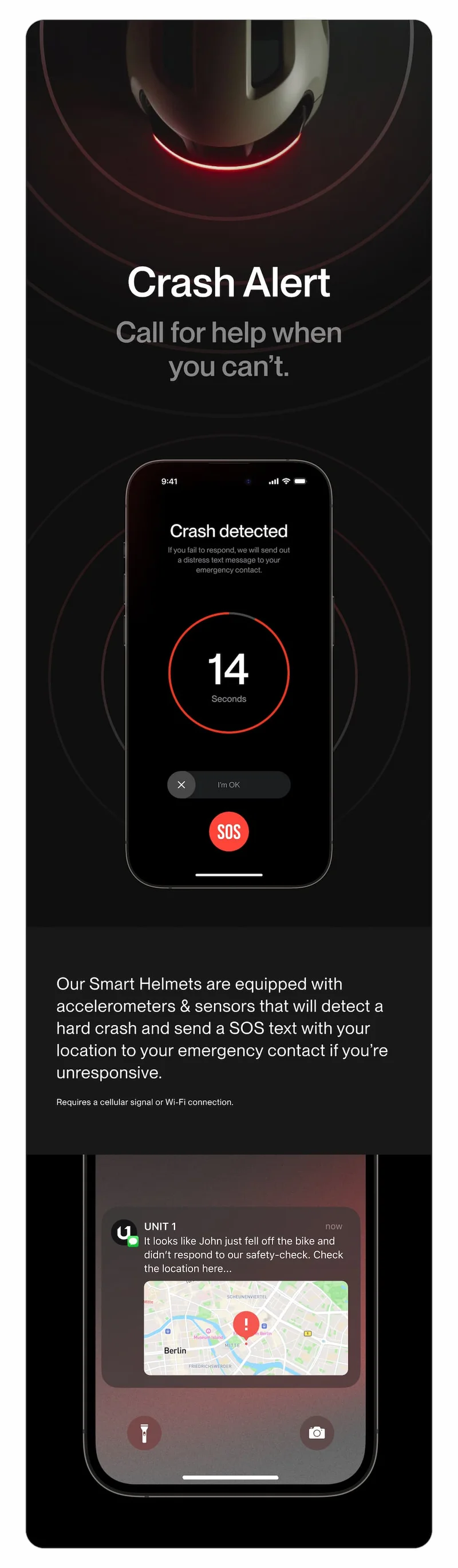 UNIT 1 Crash Alert feature showing emergency countdown on phone and SOS location notification.