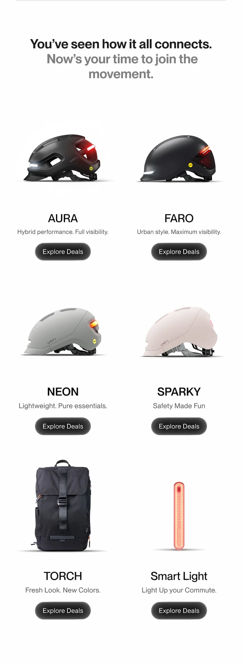 UNIT 1 lineup of smart helmets, backpacks and smart lights displayed with product names.