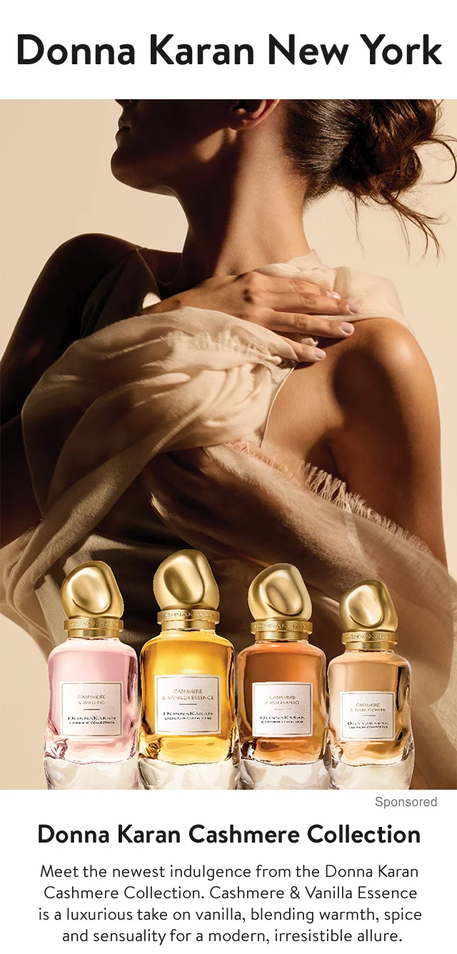 A woman and four bottles of perfume.