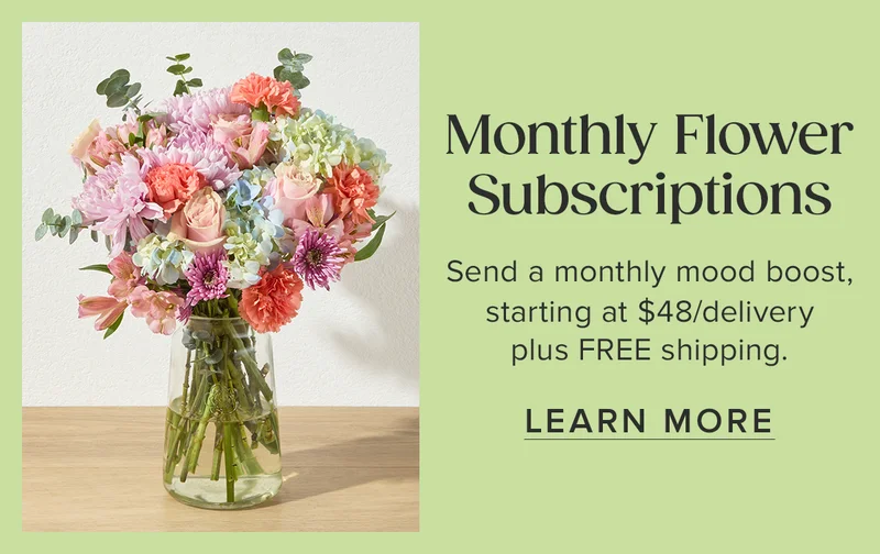 Monthly Flower Subscriptions Send a monthly mood boost, starting at $48/delivery plus FREE shipping. LEARN MORE