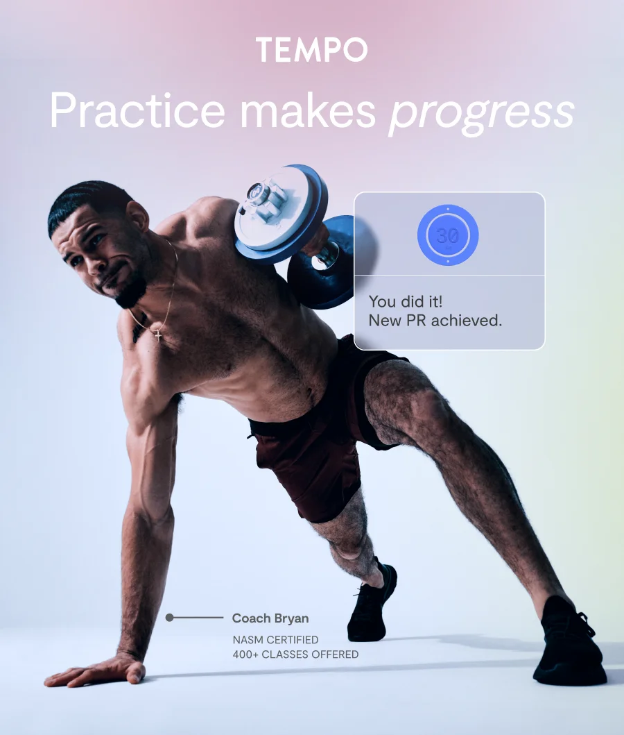 Tempo logo on coach Bryan's image while exercising, with text: "Practice makes progress Coach Bryan, NASM CERTIFIED 400+ CLASSES OFFERED"