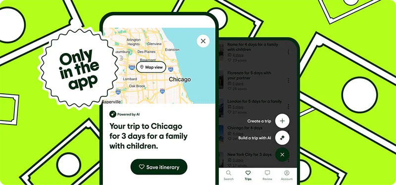 Image Description: Two phone screens with a 3-day Chicago itinerary and a prompt to create a trip. Green dollars are in the background.