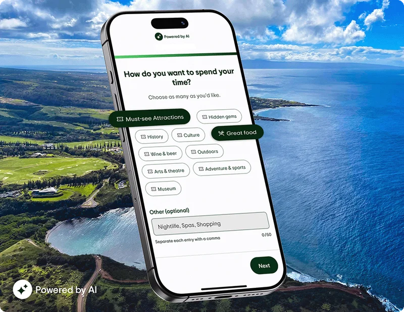 Image Description: A phone screen with a prompt asking “How do you want to spend your time?” and various options selected. A coastline is in the background.