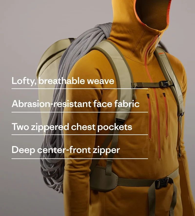 The R1 Ultralight Hoody features a lofty, breathable weave; abrasion-resistant face fabric; two zippered chest pockets and a deep center-front zipper.