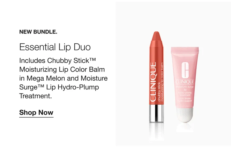 NEW BUNDLE.|Essential Lip Duo|Includes Chubby Stick™ Moisturizing Lip Color Balm in Mega Melon and Moisture Surge™ Lip Hydro-Plump Treatment.|Shop Now