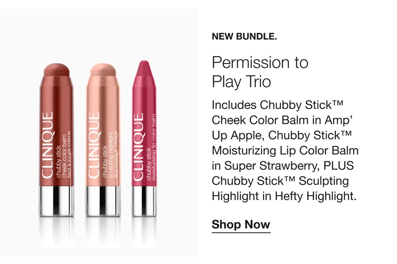 NEW BUNDLE.| Permission to Play Trio Includes Chubby Stick™ Cheek Color Balm in Amp’ Up Apple, Chubby Stick™ Moisturizing Lip Color Balm in Super Strawberry, PLUS Chubby Stick™ Sculpting Highlight in Hefty Highlight.|Shop Now