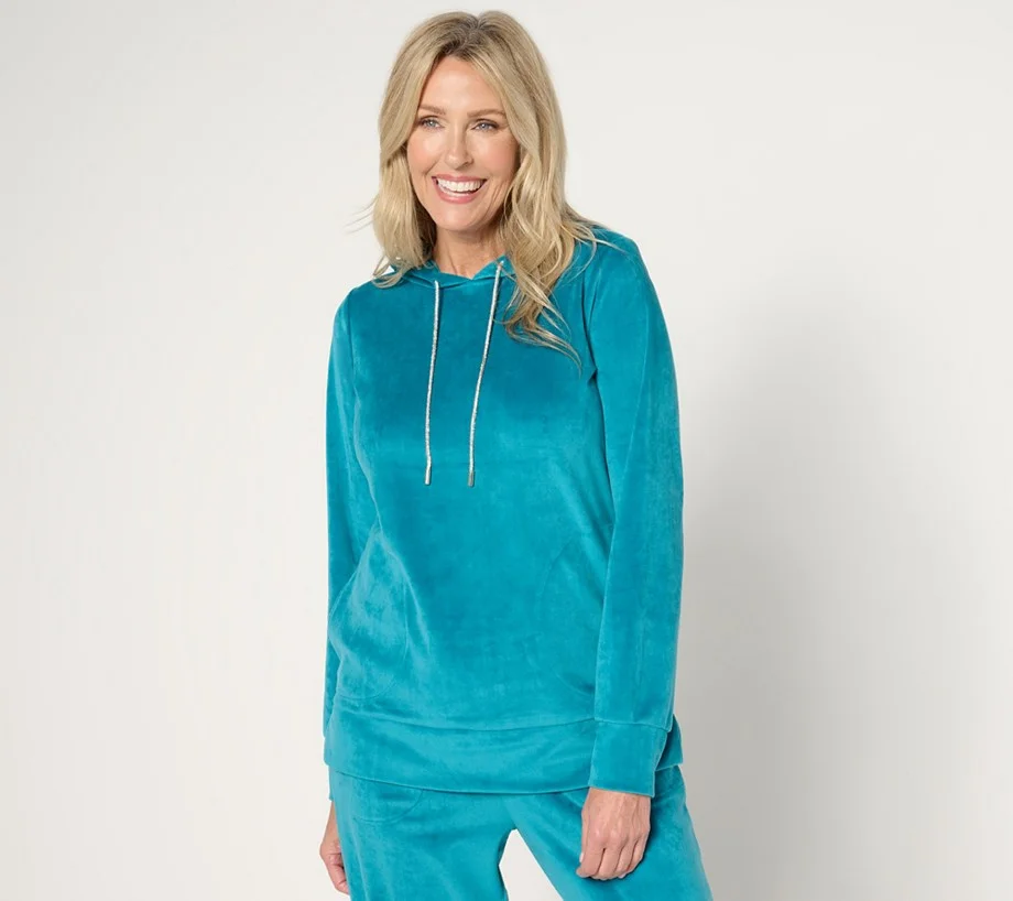 Quacker Factory Angel's Go To Stretch Velvet Hoodie with Bling Ties